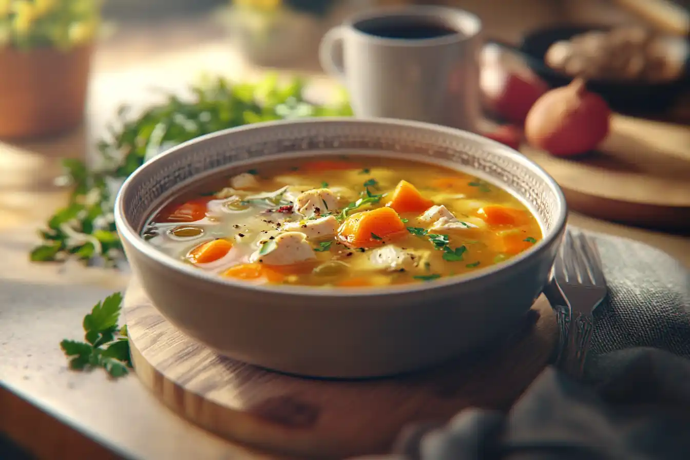 A Photorealistic Image Of Finished Marry Me Chicken Soup In A Rustic Bowl, Topped With Parmesan And Fresh Herbs, Looking Creamy And Comforting