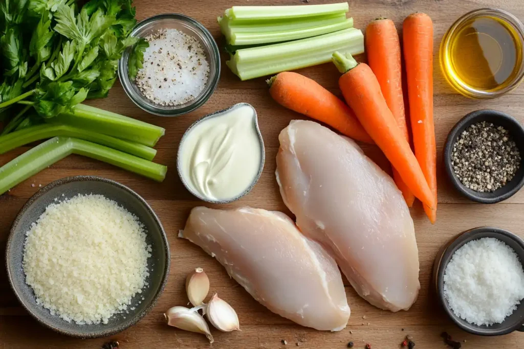 A Beautiful, Photorealistic Display Of Fresh Ingredients For Marry Me Chicken Soup, Including Chicken Breasts, Garlic, Carrots, Celery, Onions, Chicken Broth, And Heavy Cream