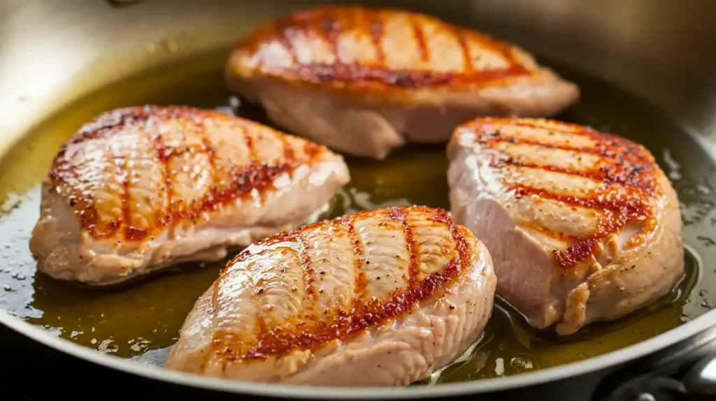 A Close Up Shot Of Chicken Breasts Being Seared In A Skillet, Showcasing A Perfectly Golden Brown Crust In A Well Lit, Inviting Kitchen Environment (2)