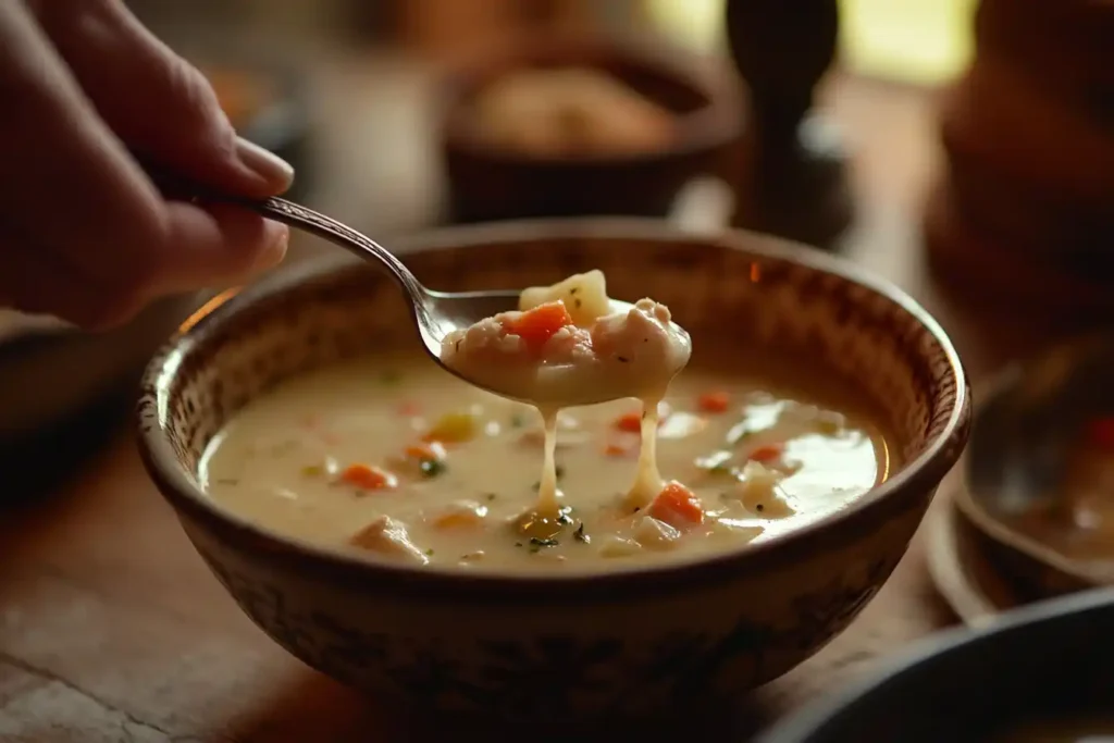 A Photorealistic Image Of A Hand Serving Marry Me Chicken Soup Into A Smaller Bowl, Showing The Creamy Texture And Inviting Warmth Of The Dish