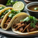 birria tacos near: A Plate Of Finished Birria Tacos With Shredded Meat, Cilantro, And A Side Of Consommé For Dipping