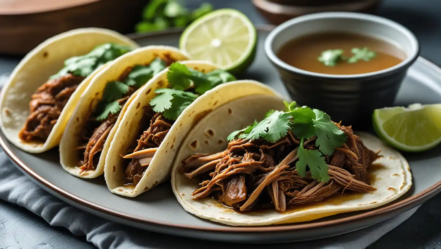 birria tacos near: A Plate Of Finished Birria Tacos With Shredded Meat, Cilantro, And A Side Of Consommé For Dipping