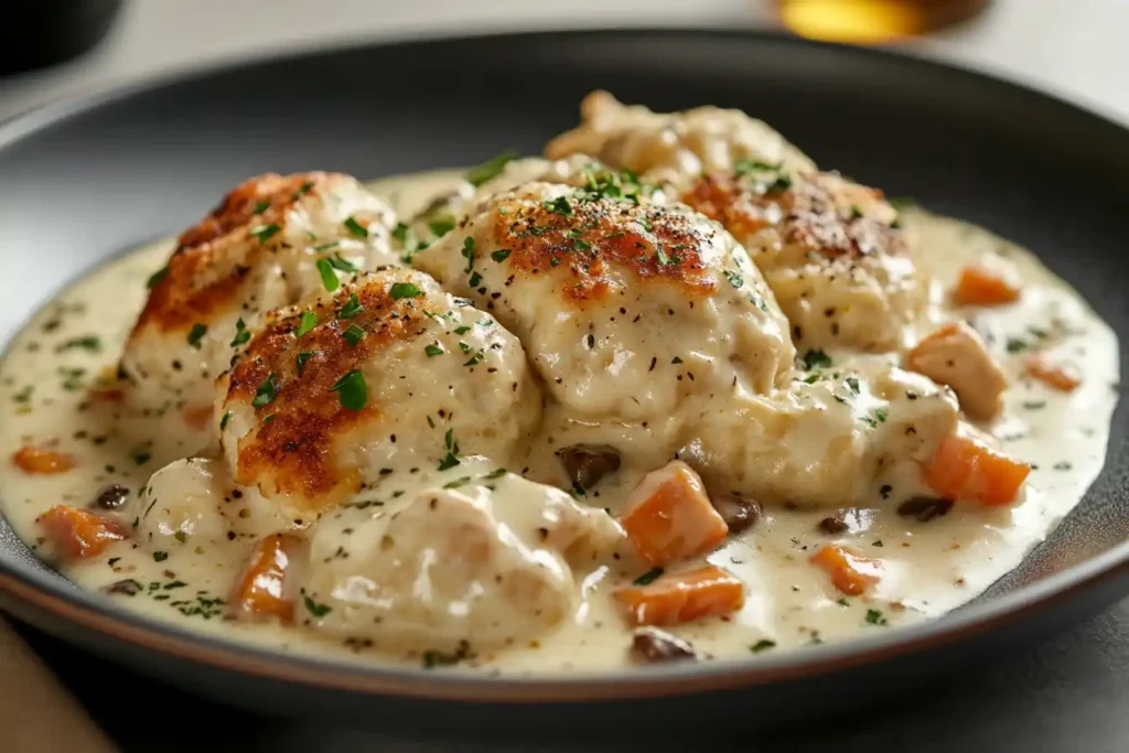 A Serving Of Chicken And Dumpling Casserole On A Plate, Showcasing Tender Chicken, Fluffy Dumplings, And Creamy Sauce