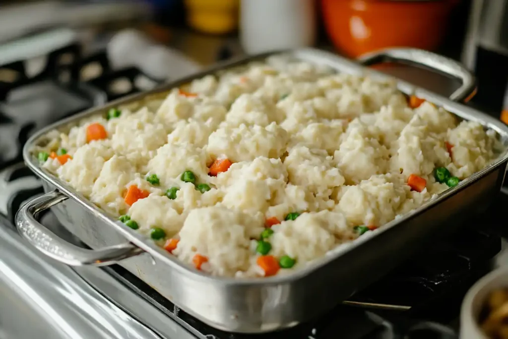 Assembled Chicken And Dumpling Casserole Ready To Be Baked, With Chicken, Vegetables, And Dumplings Sitting In The Creamy Broth