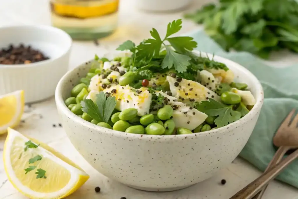 Assembled Edamame Egg Salad in a ceramic bowl