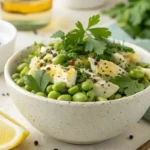 Assembled Edamame Egg Salad in a ceramic bowl