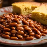 Baked Beans Recipe A Final Plate Of Baked Beans Served With Cornbread, Rich In Texture And Flavor.