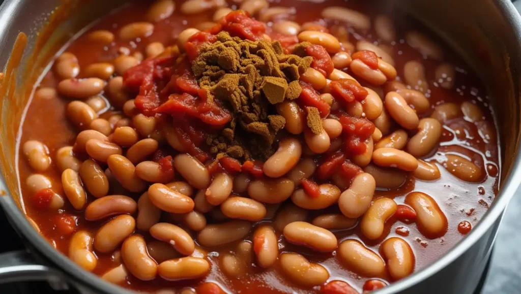 Baked Beans Recipe Beans Mixed With Tomato Sauce, Spices, And Brown Sugar, Ready To Cook.