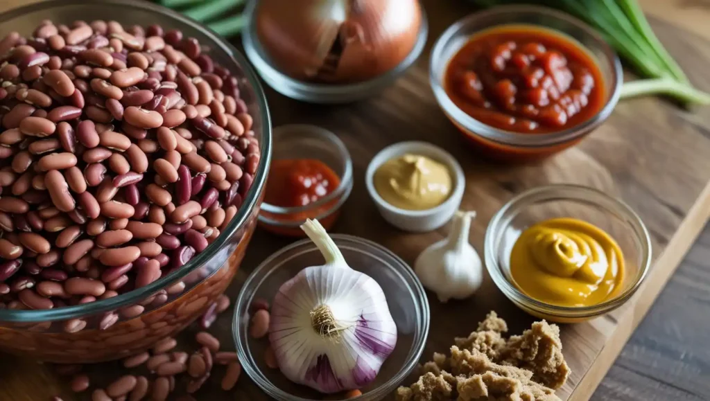 Baked Beans Recipe Fresh Ingredients Like Onions, Garlic, Dried Beans, And Tomato Sauce Ready For Preparation.