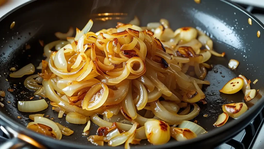 Baked Beans Recipe Sautéed Onions And Garlic Caramelizing In A Pan, Creating Savory Depth.