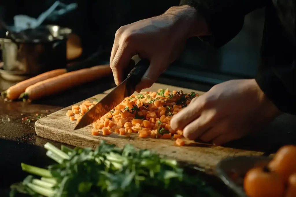 Chef Chopping Carrots And Celery For Cracker Barrel Chicken And Dumplings On A Wooden Cutting Board