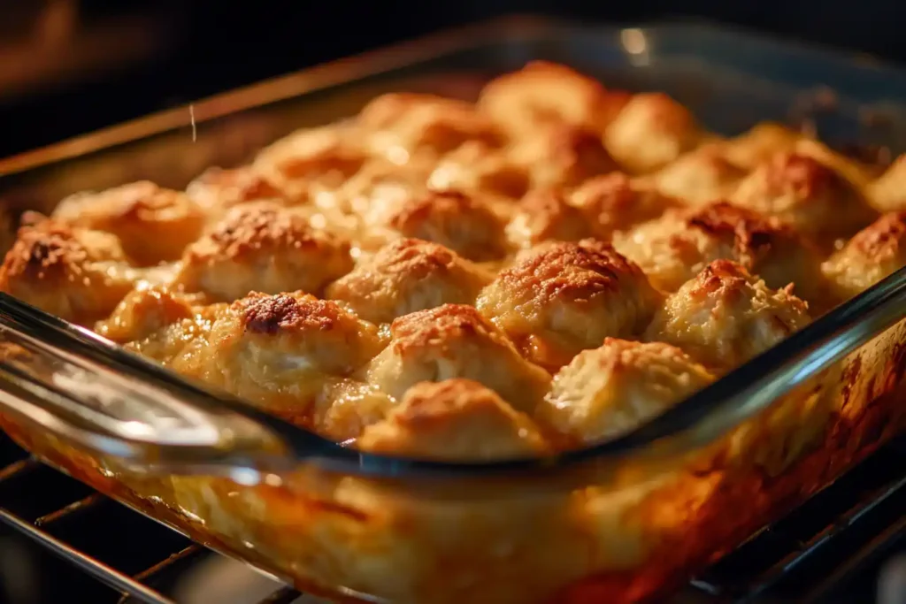 Chicken And Dumpling Casserole Baking In The Oven, Golden Brown And Bubbling, With Perfectly Cooked Dumplings