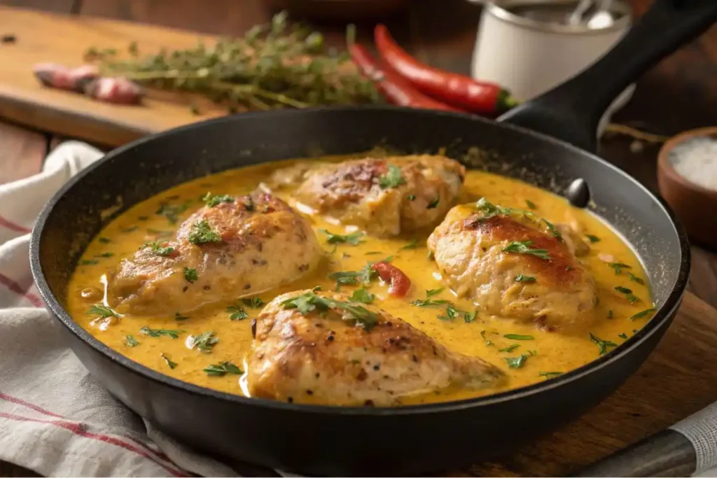 Chicken simmering in amarillo sauce in a skillet