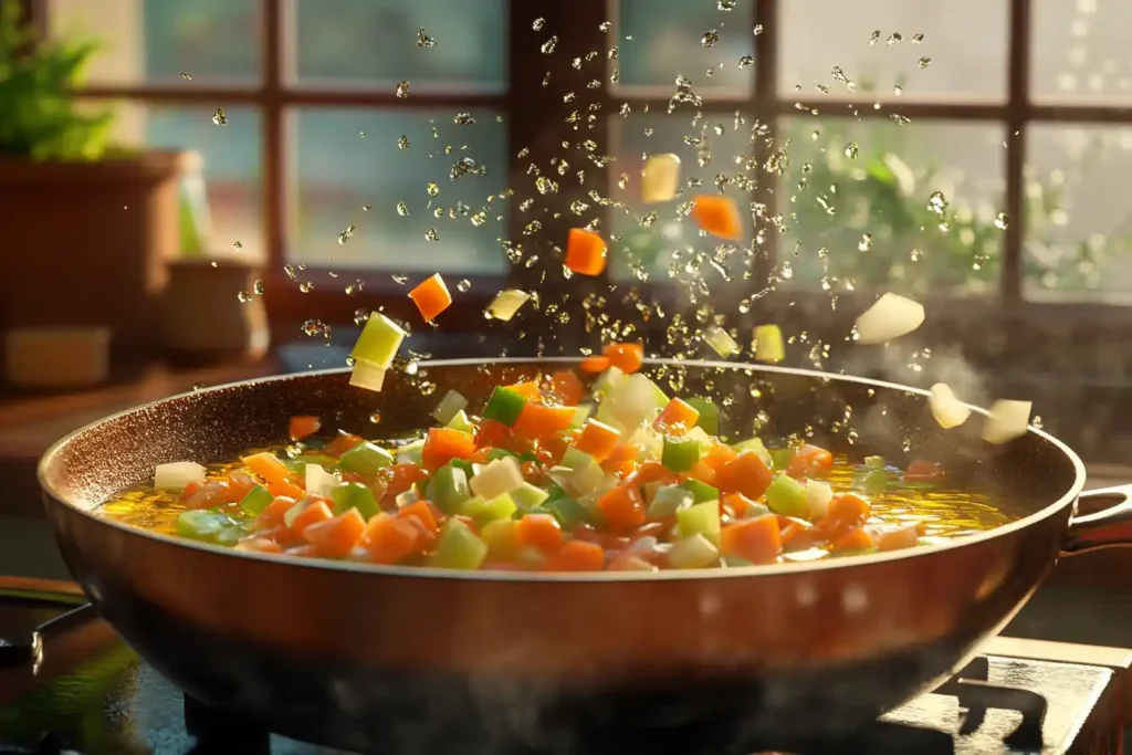 Chopped Carrots, Celery, Onions, And Garlic Sautéing In Olive Oil, Showing A Rich, Colorful Array Of Vegetables Ready To Be Added To The Soup