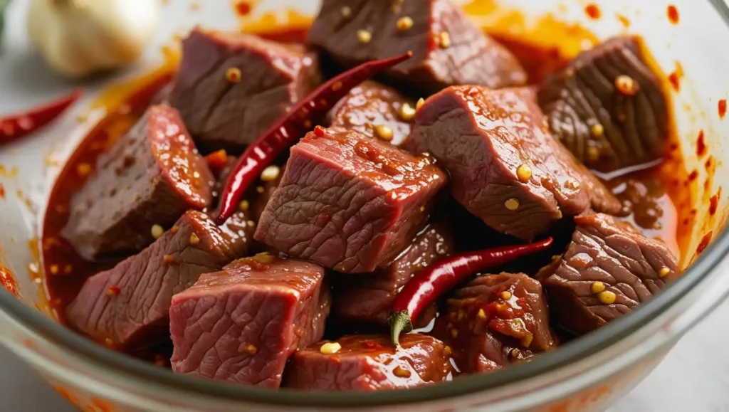 Close Up Image Of Marinated Beef Chunks In A Bowl, Coated With A Rich Chili Marinade For Birria Tacos.