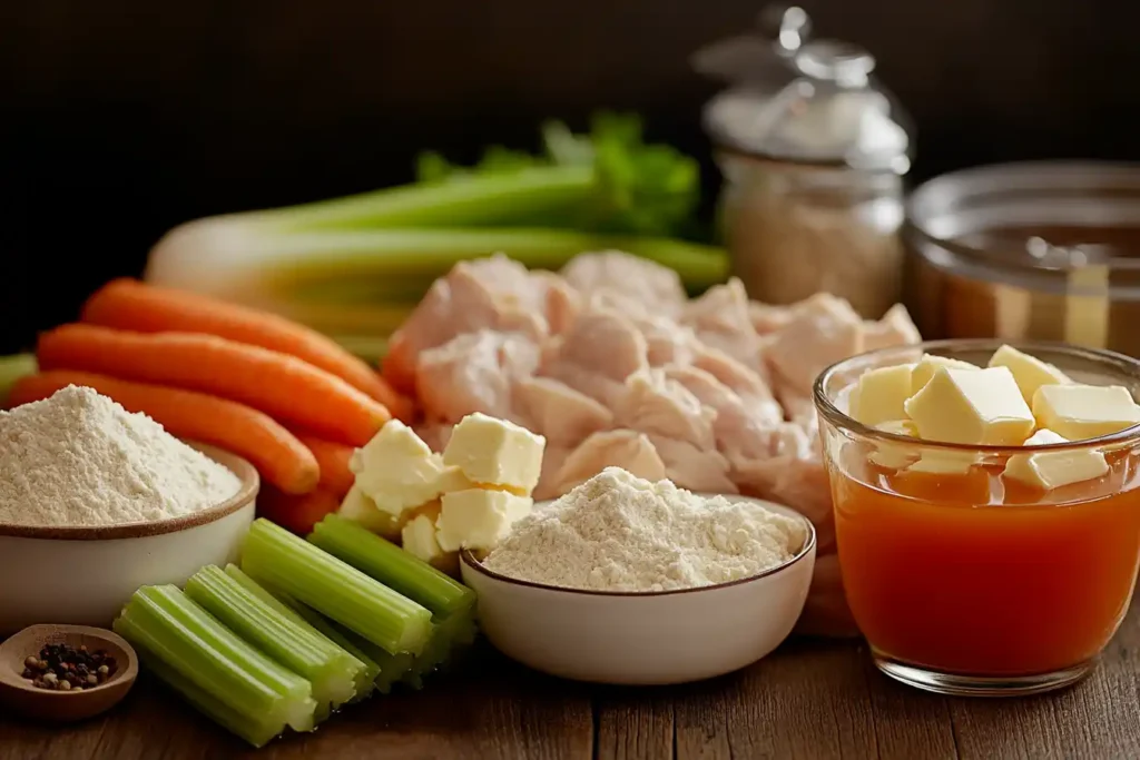 Close Up Of Ingredients For Cracker Barrel Chicken And Dumplings On A Wooden Countertop, Including Chicken, Vegetables, Flour, And Seasonings.