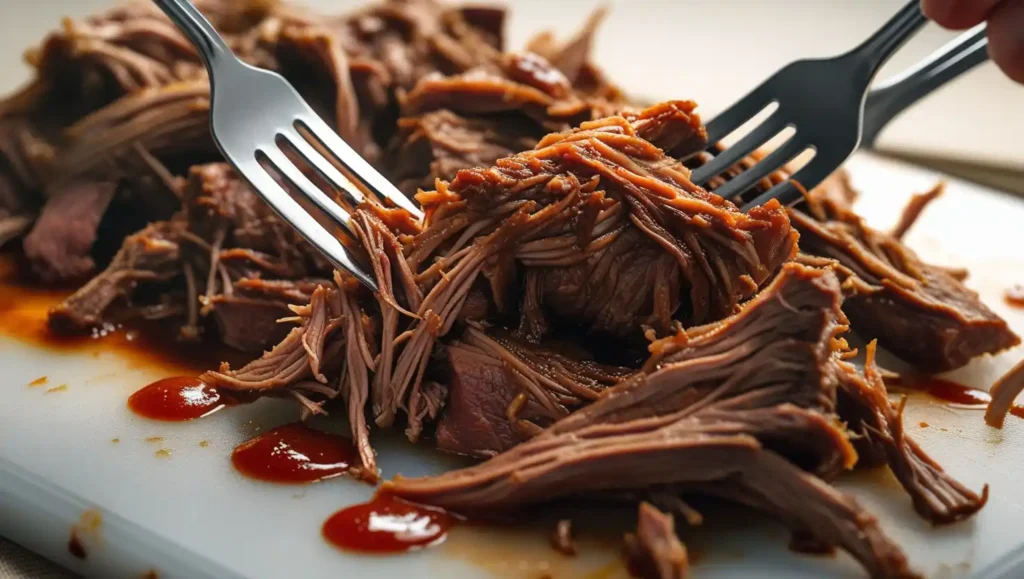 Close Up Of Shredded Birria Meat Being Pulled Apart With Two Forks On A Cutting Board.