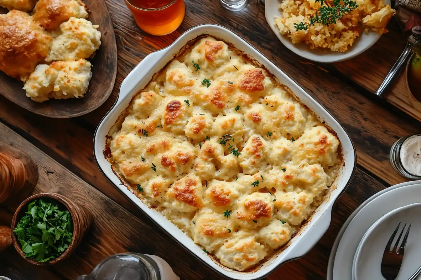 Family Style Dinner Table Featuring Chicken And Dumpling Casserole As The Centerpiece, Surrounded By Sides And Drinks