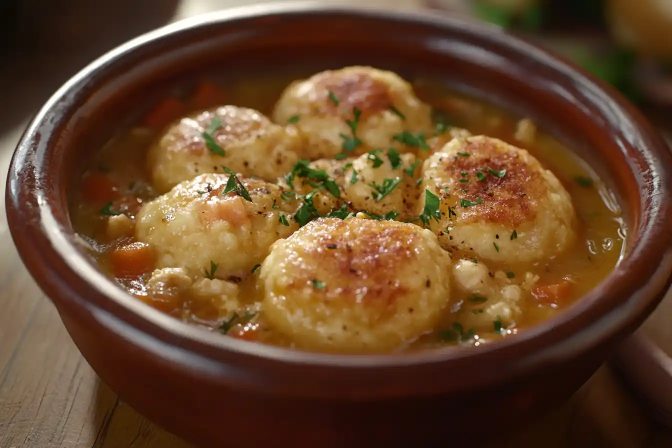 Finished Cracker Barrel Chicken And Dumplings In A Bowl, Served With Fresh Herbs And Steaming Broth