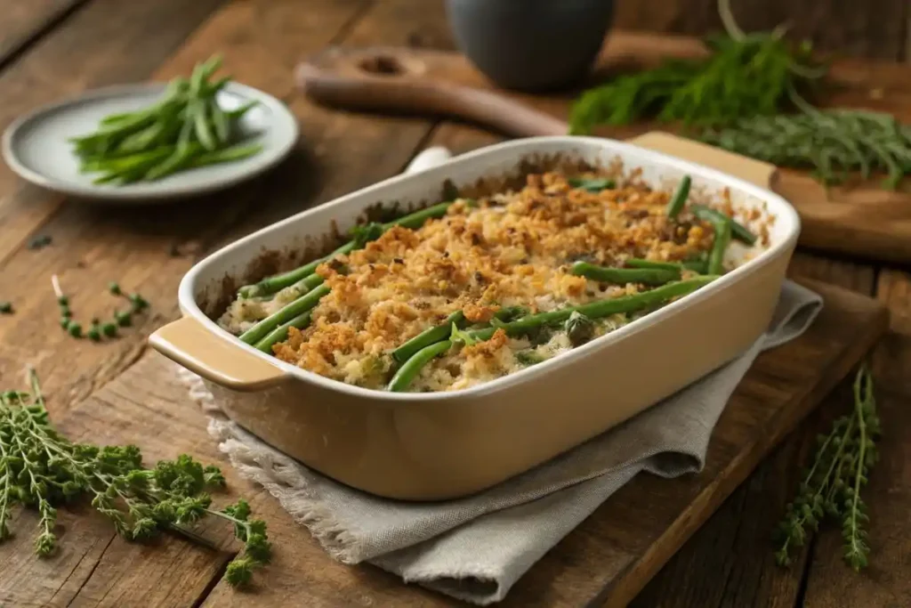 Finished green bean casserole with crispy topping