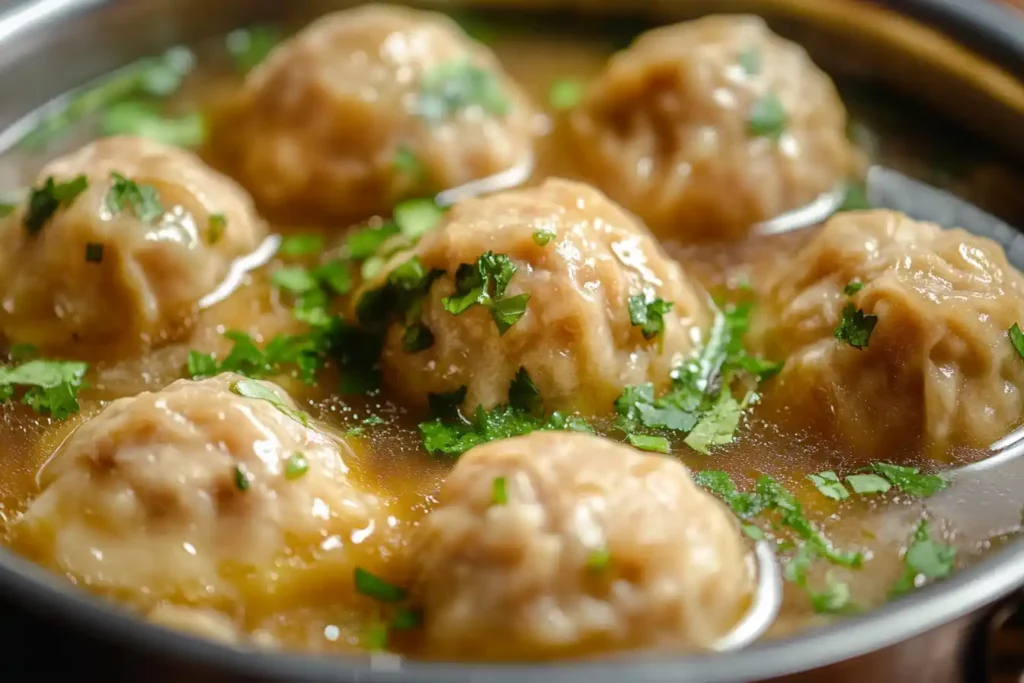 Fluffy Dumplings Floating In Simmering Broth, With Fresh Herbs, For Cracker Barrel Chicken And Dumplings