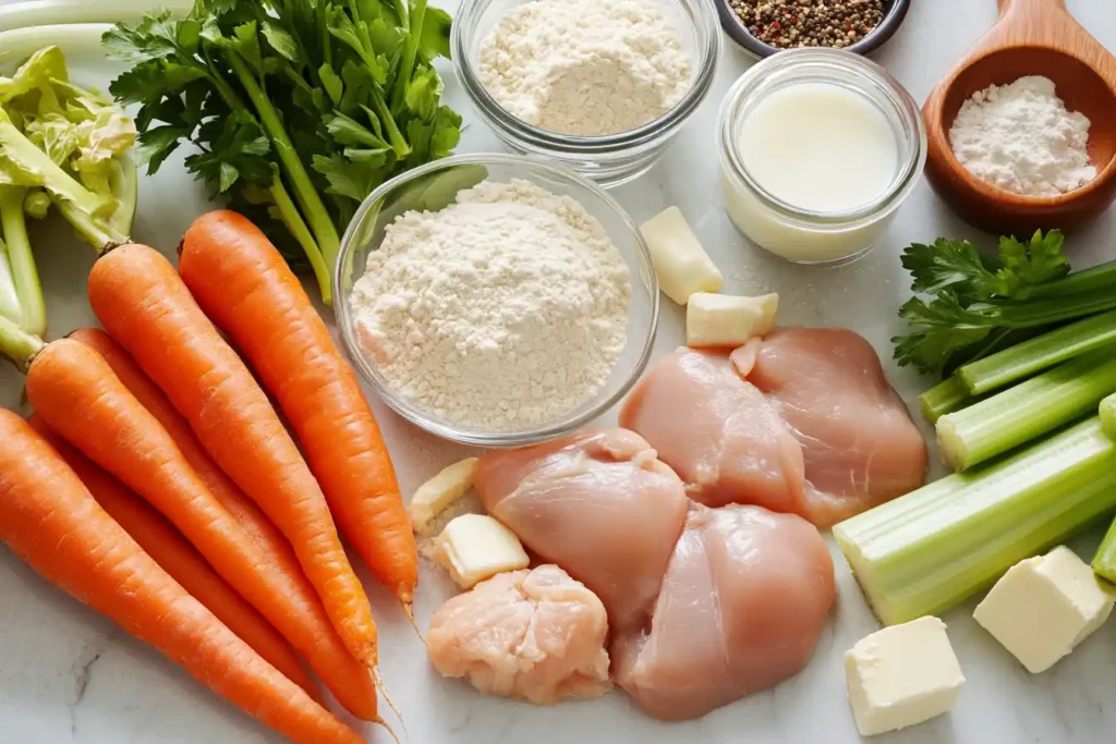 Fresh Ingredients Laid Out For Chicken And Dumpling Casserole, Including Chicken, Carrots, Peas, And Dumpling Batter.