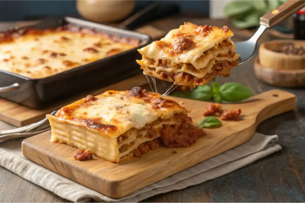 Freshly Baked Lasagna With Golden Brown Cheese And Distinct Layers Of Pasta, Meat Sauce, And Cheese