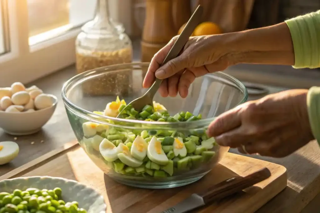 Hands preparing Edamame Egg Salad in a kitchen