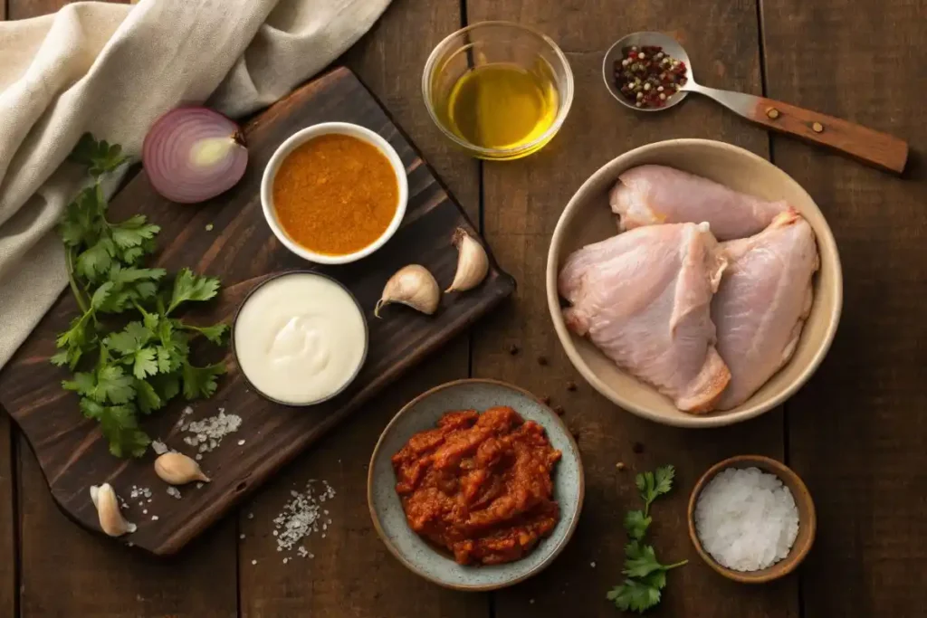 Ingredients for Churu Chicken Amarillo on a wooden table