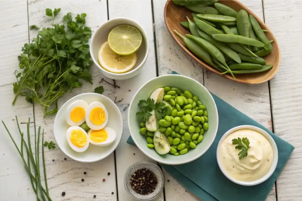 Ingredients for Edamame Egg Salad on a wooden table