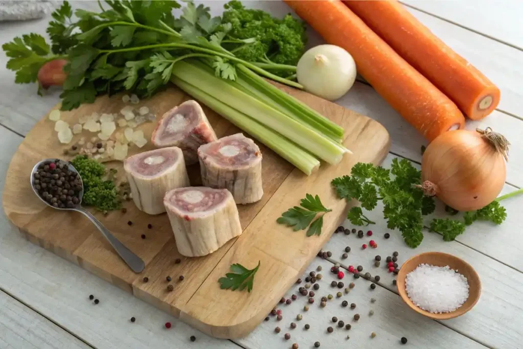 Ingredients for beef bone soup arranged on a rustic kitchen table