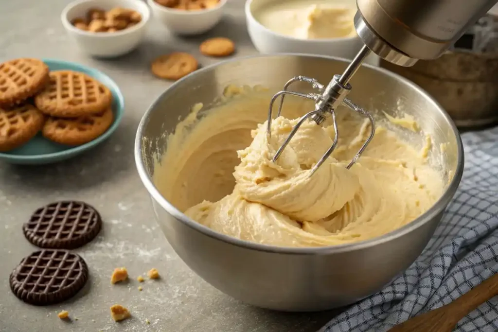 Mixing batter for wafer cookies in a bowl