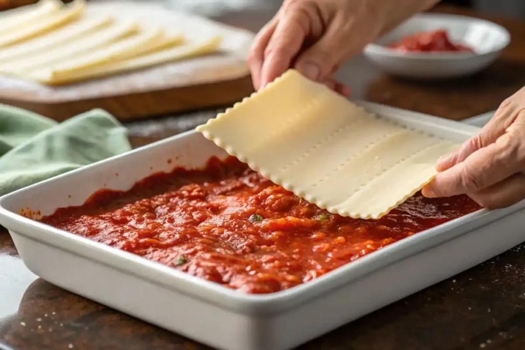 No Boil Barilla Lasagna Sheet Being Layered In A Dish With Tomato Sauce.