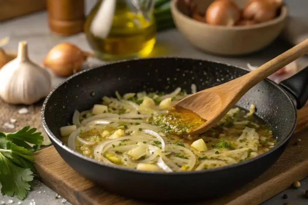 Onions and garlic sautéing in a skillet