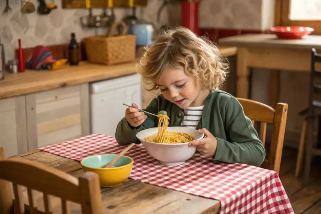 Person enjoying a bowl of cafeteria noodles