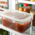 Fish Sauce Storage: Plastic container with fish sauce in a fridge