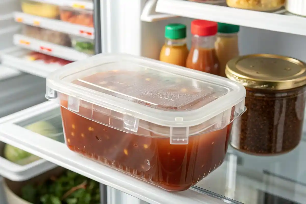 Fish Sauce Storage: Plastic container with fish sauce in a fridge