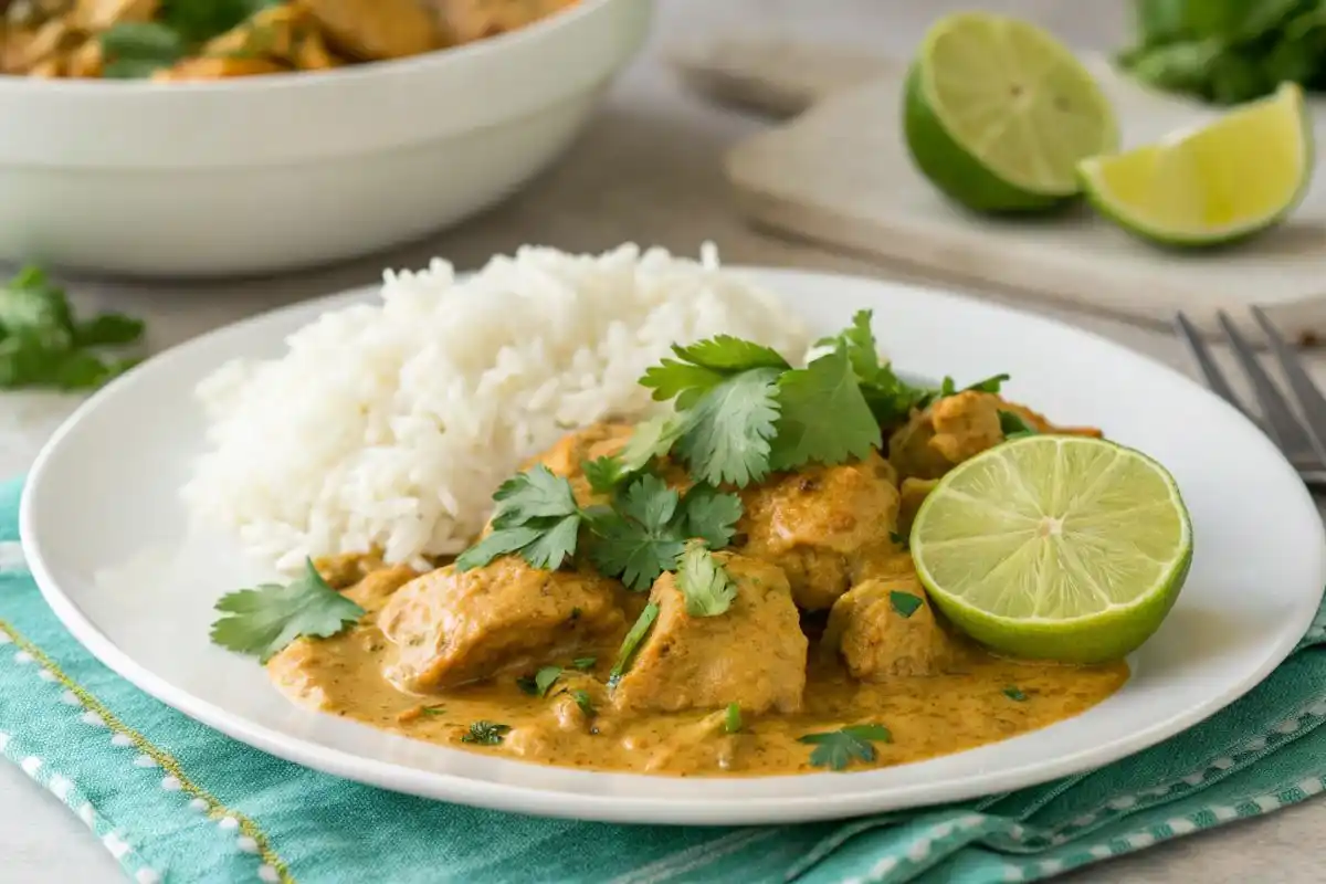 Plated Churu Chicken Amarillo with rice and cilantro