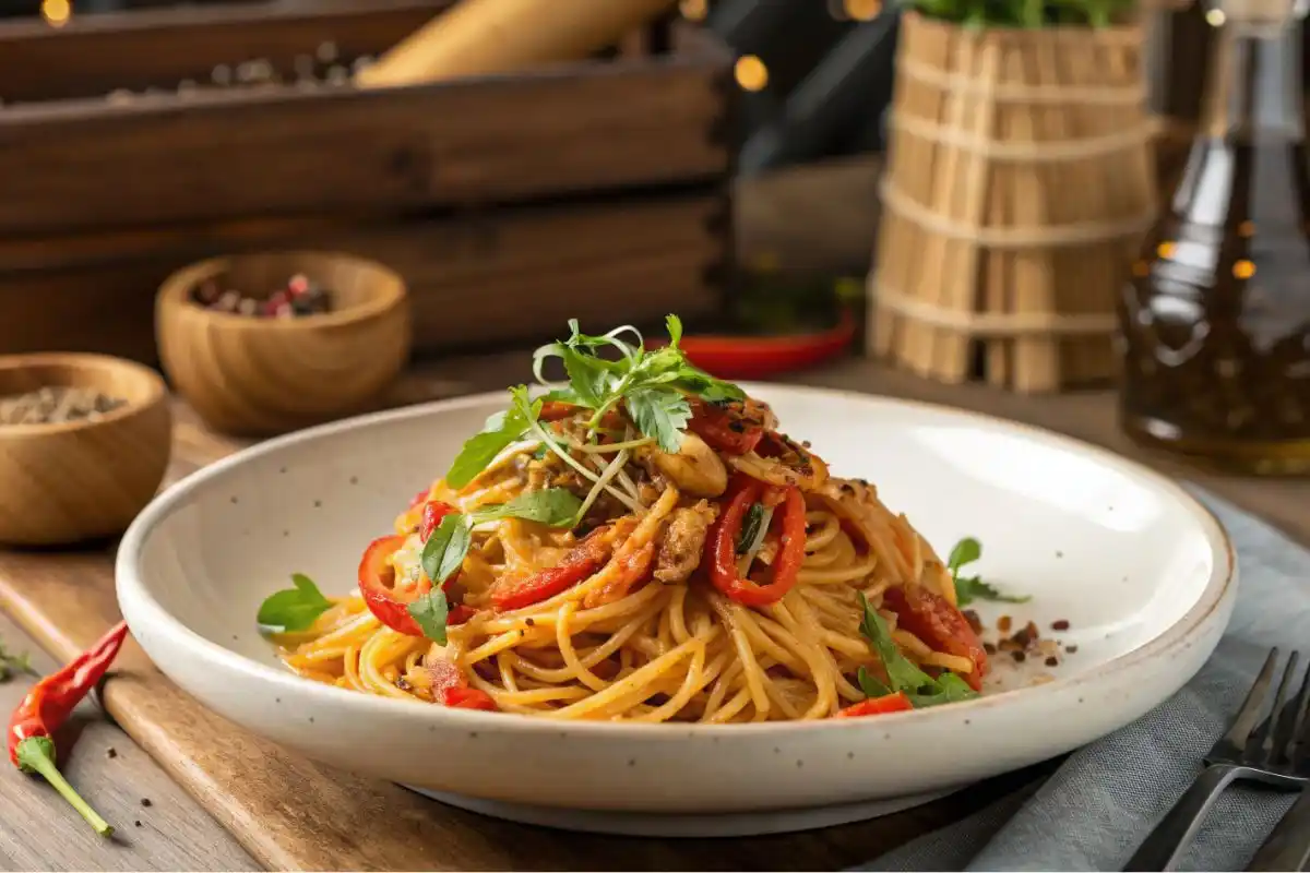 Plated cafeteria noodles garnished with herbs