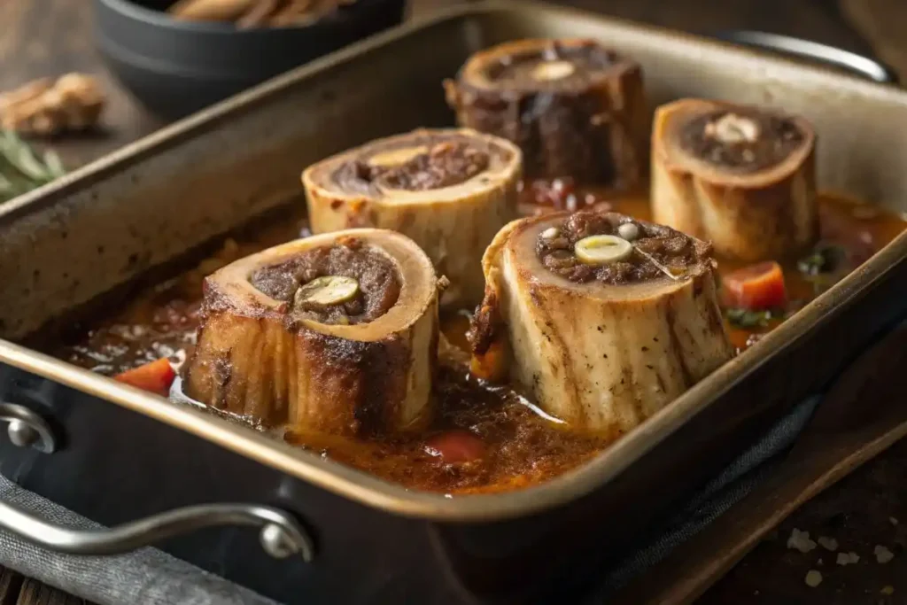 Seasoned beef marrow bones roasting in an oven tray