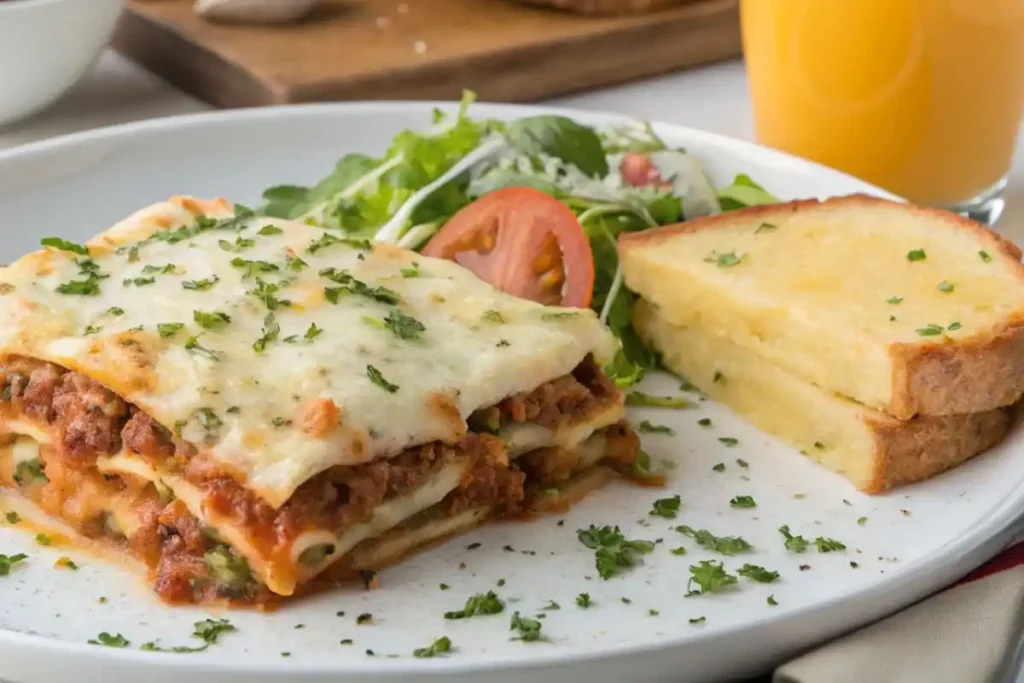 Slice Of Lasagna Served With A Side Salad And Garlic Bread