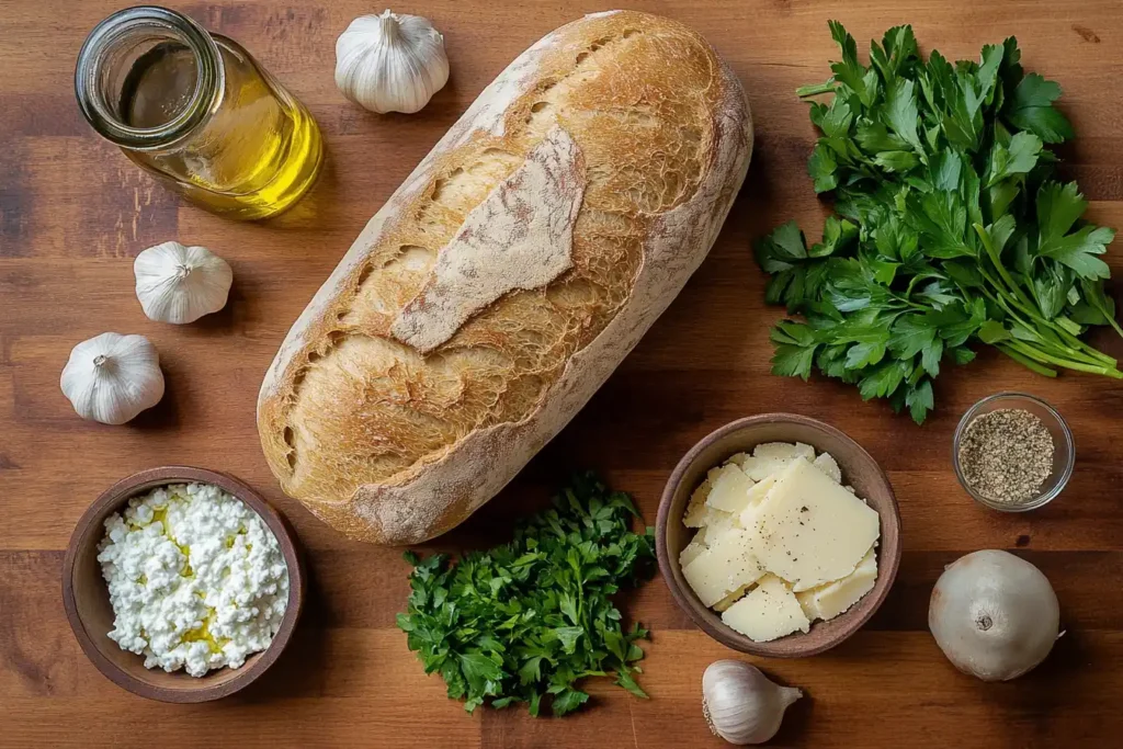 A Beautifully Arranged Display Of Fresh Ingredients For Cottage Cheese Garlic Bread, Including Bread, Cottage Cheese, Garlic, And Herbs