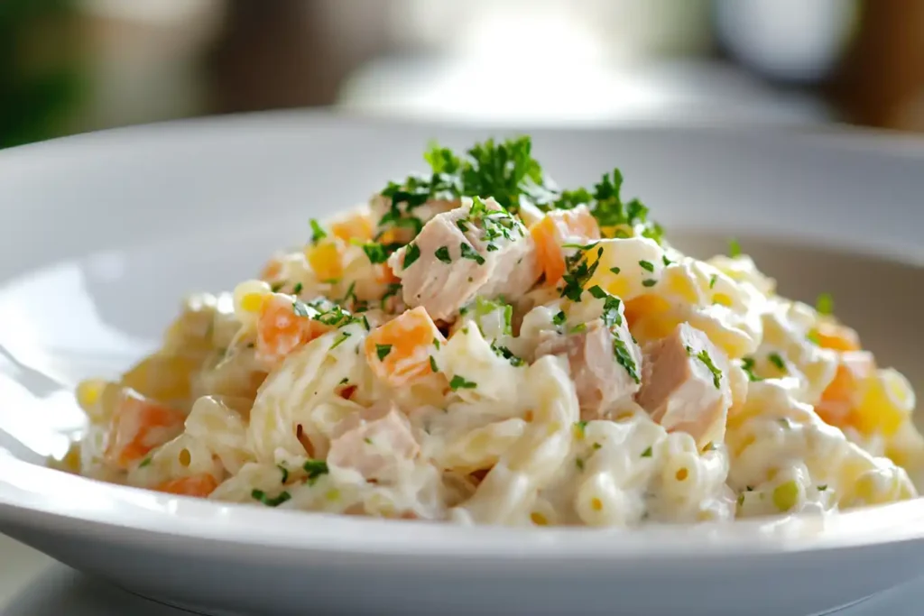 A Beautifully Plated Serving Of Macaroni Salad With Tuna, Garnished With Fresh Parsley, Sitting In A White Bowl With Natural Lighting Highlighting Its Creamy Texture And Vibrant Colors