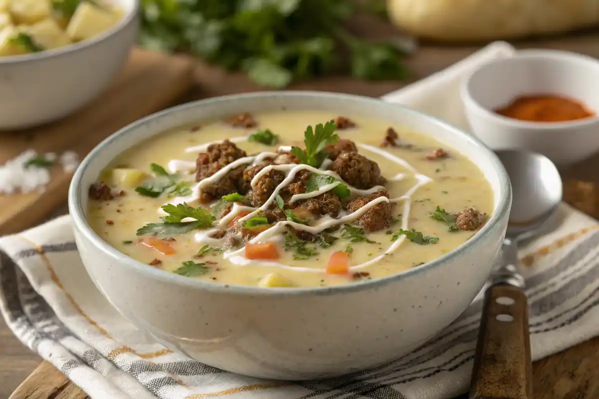 A Bowl Of Creamy Potato And Hamburger Soup Garnished With Herbs And Cream, Placed On A Wooden Table, Showcasing Its Rich Texture And Inviting Look