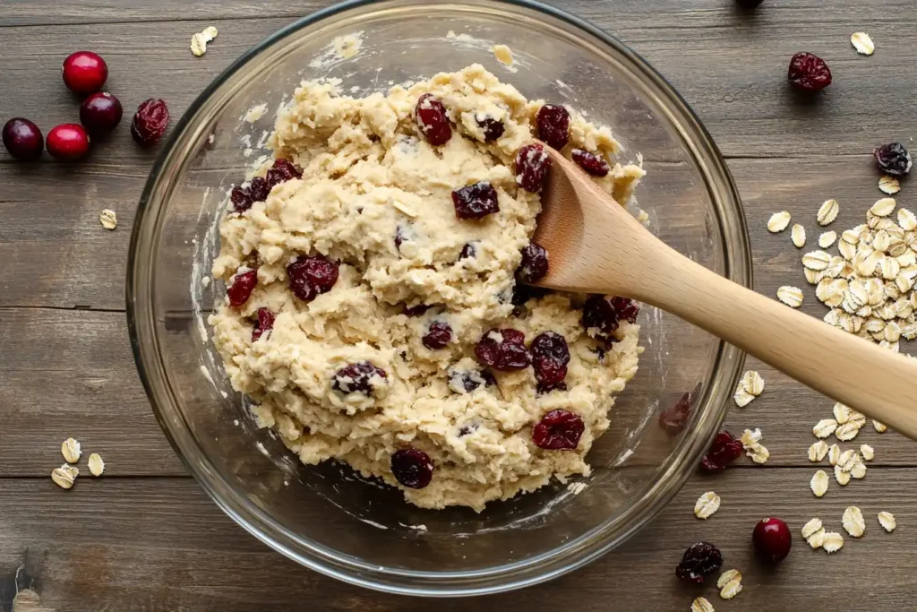 A Bowl Of Oatmeal Cookie Dough Mixed With Dried Cranberries, Ready To Be Scooped Onto A Baking Sheet