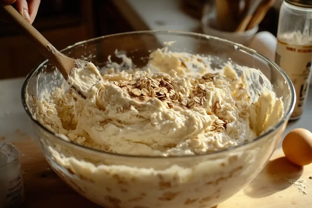 A Close Up Of A Mixing Bowl With Butter, Sugar, And Eggs Being Mixed, With Oats And Flour Being Gradually Added To Form Cookie Dough