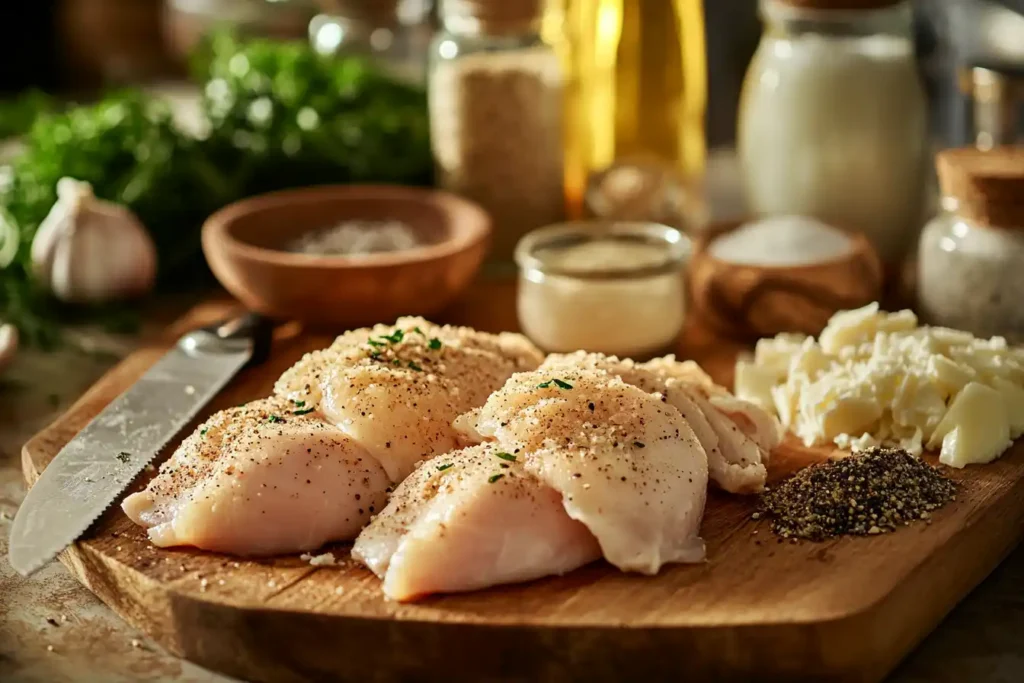 A Close Up Of Raw Ingredients For Longhorn Parmesan Crusted Chicken, Including Chicken Breasts, Parmesan, Panko Breadcrumbs, Butter, And Seasonings, Displayed On A Wooden Countertop.