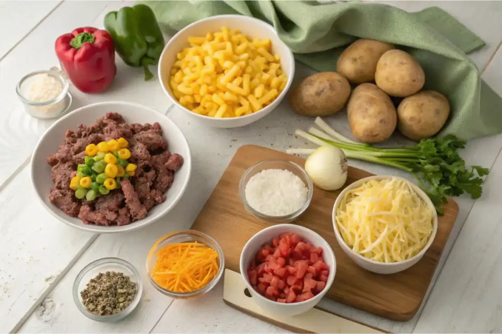 A Collection Of Fresh Ingredients Laid Out For Making Cattle Drive Casserole, Including Beef, Potatoes, Cheese, And Seasonings