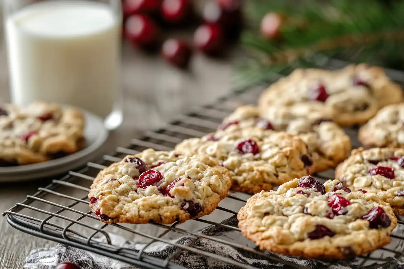 A Cooling Rack Filled With Freshly Baked Cranberry Oatmeal Cookies, Golden Brown With A Chewy Texture, And Visible Cranberries