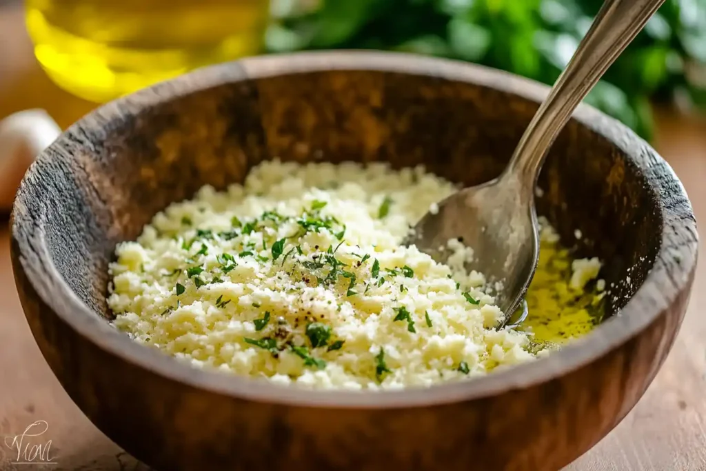 A Creamy And Well Mixed Cottage Cheese Garlic Spread In A Wooden Bowl, With Fresh Herbs And Parmesan Cheese On Top